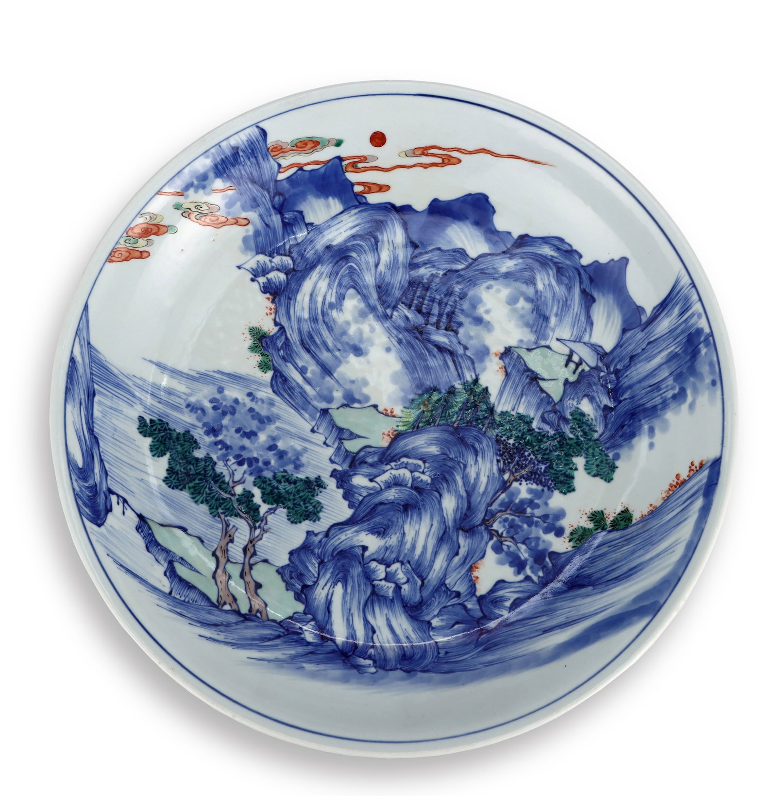 A BLUE AND WHITE AND UNDERGLAZE RED 'LANDSCAPE' DISH: A BLUE AND WHITE AND UNDERGLAZE RED 'LANDSCAPE' DISH Dimensions: Length: 33 cm (12.99 in.), Width: 33 cm (12.99 in.). All measurements are approximate.