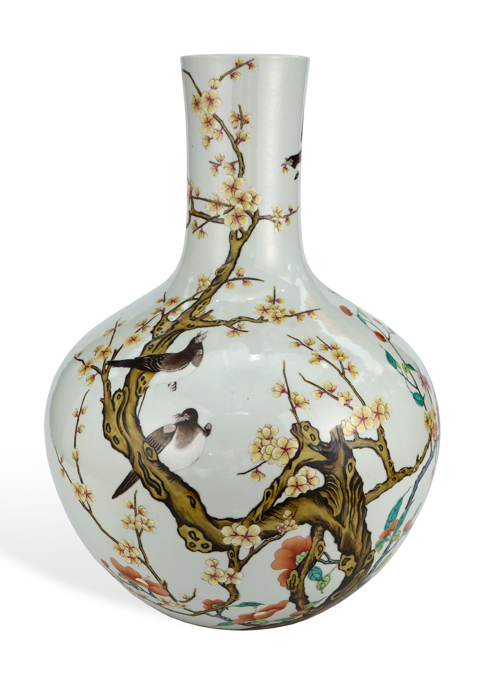 A FAMILLE ROSE 'MAGPIE ON PLUM BRANCH' GLOBULAR VASE: A FAMILLE ROSE 'MAGPIE ON PLUM BRANCH' GLOBULAR VASE Dimensions: Length: 40.5 cm (15.94 in.), Height: 57.5 cm (22.64 in.). All measurements are approximate.