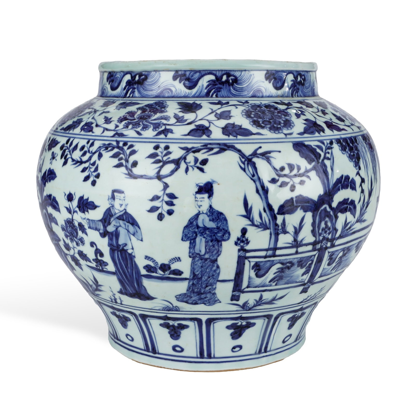 A BLUE AND WHITE 'JINXIANG PAVILION' JAR: A BLUE AND WHITE 'JINXIANG PAVILION' JAR Dimensions: Height: 28.3 cm (11.14 in.), Width: 34 cm (13.39 in.). All measurements are approximate.