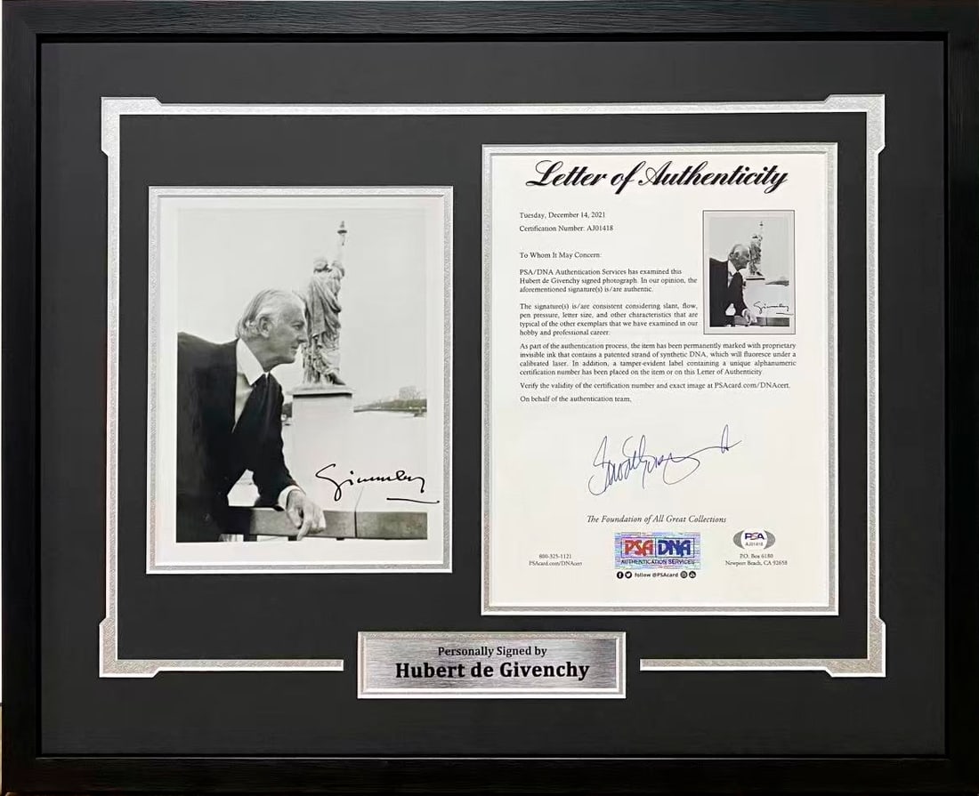 GIVENCHY AUTOGRAPHED PHOTOGRAPH, ACCOMPANIED BY A PS CERTIFICATE: GIVENCHY AUTOGRAPHED PHOTOGRAPH, ACCOMPANIED BY A PS CERTIFICATE Length: 54 cm (21.3 in.), Width: 42 cm (16.5 in.). All measurements are approximate.