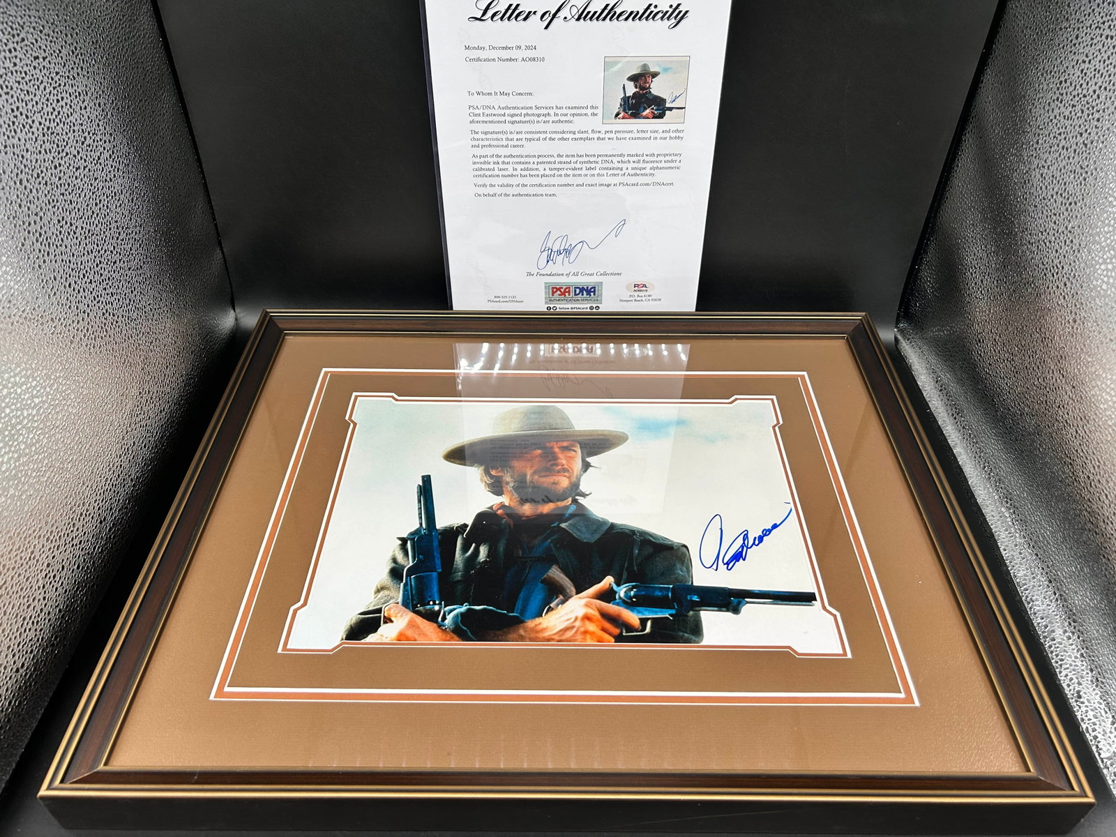 CLINT EASTWOOD AUTOGRAPHED PHOTOGRAPH, ACCOMPANIED BY A PSA CERTIFICATE: CLINT EASTWOOD AUTOGRAPHED PHOTOGRAPH, ACCOMPANIED BY A PSA CERTIFICATE Length: 53 cm (20.9 in.), Width: 43 cm (16.9 in.). All measurements are approximate.