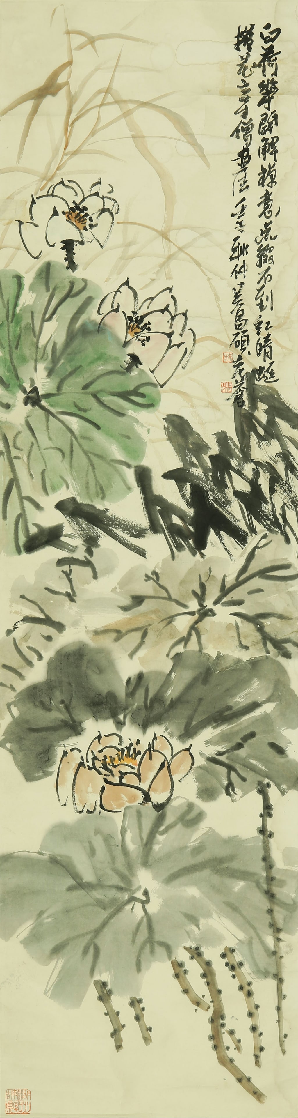 WU CHANGSHUO (1844-1927), ATTRIBUTED TO, LOTUS: WU CHANGSHUO (1844-1927), ATTRIBUTED TO, LOTUS Dimensions: Length: 174 cm (68.50 in.), Width: 47 cm (18.50 in.). All measurements are approximate.