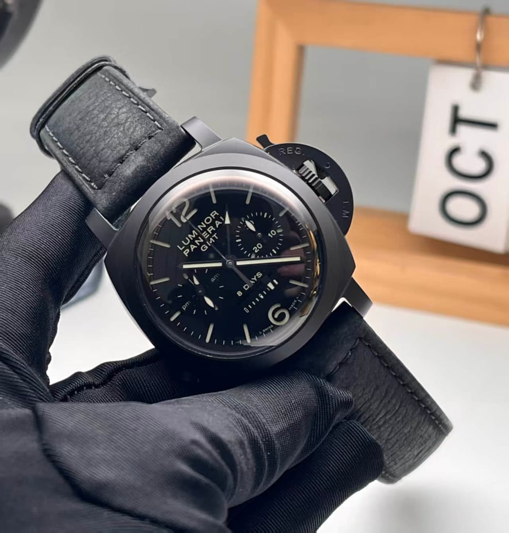 PANERAI LUMINOR 1950 CHRONO MONOPULSANTE GMT 8 DAYS, REF. PAM00317: PANERAI LUMINOR 1950 CHRONO MONOPULSANTE GMT 8 DAYS, REF. PAM00317 PANERAI, Luminor 1950 Chrono Monopulsante GMT 8 Days, Ref. PAM00317. A manually wound wristwatch with a 44 mm black ceramic case.