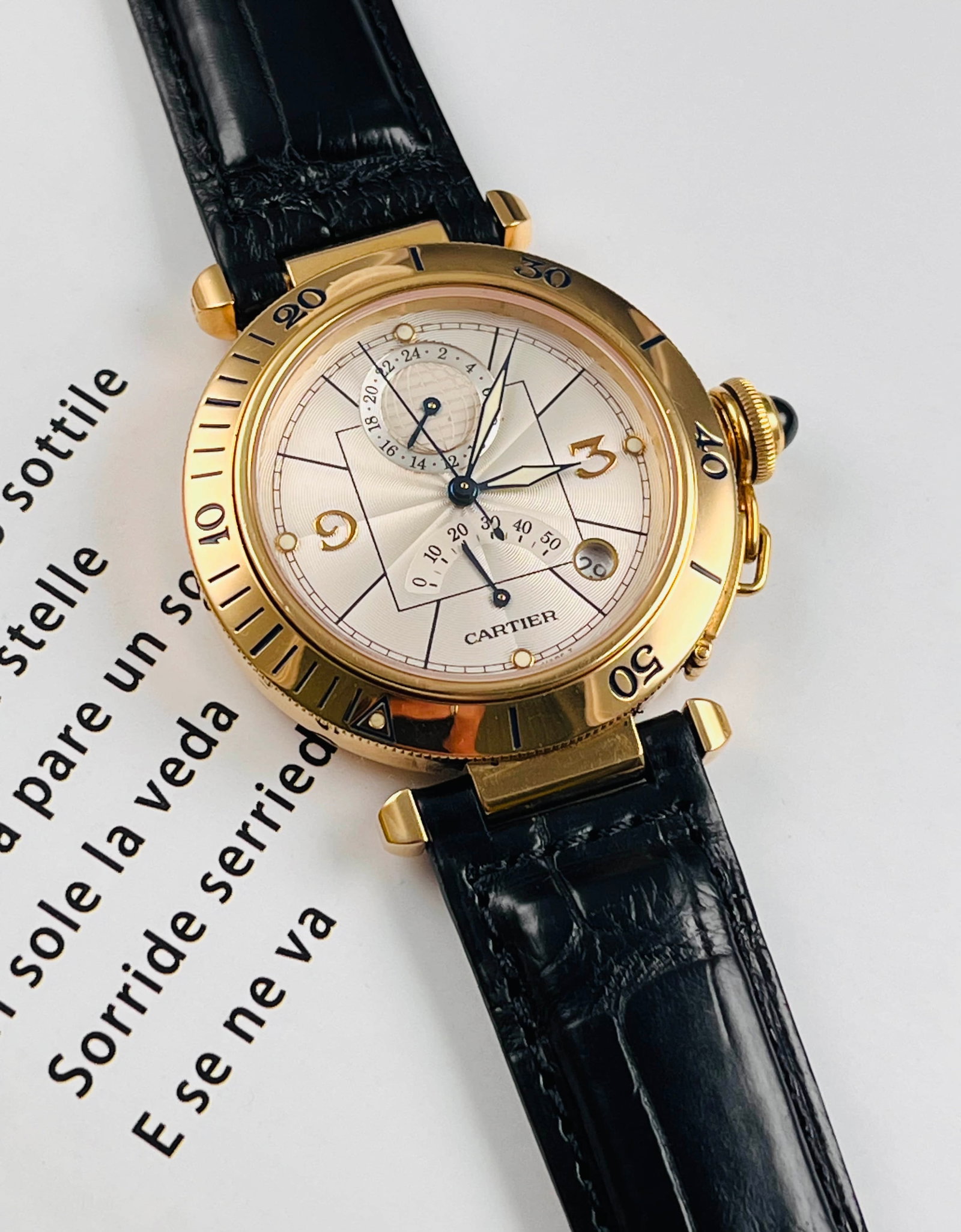 CARTIER PASHA DE CARTIER DUAL TIME WRISTWATCH, REF. W3014456: CARTIER PASHA DE CARTIER DUAL TIME WRISTWATCH, REF. W3014456 CARTIER, Pasha de Cartier, Ref. W3014456. An automatic wristwatch with a 38 mm 18K yellow-gold case. Featuring second-time-zone,