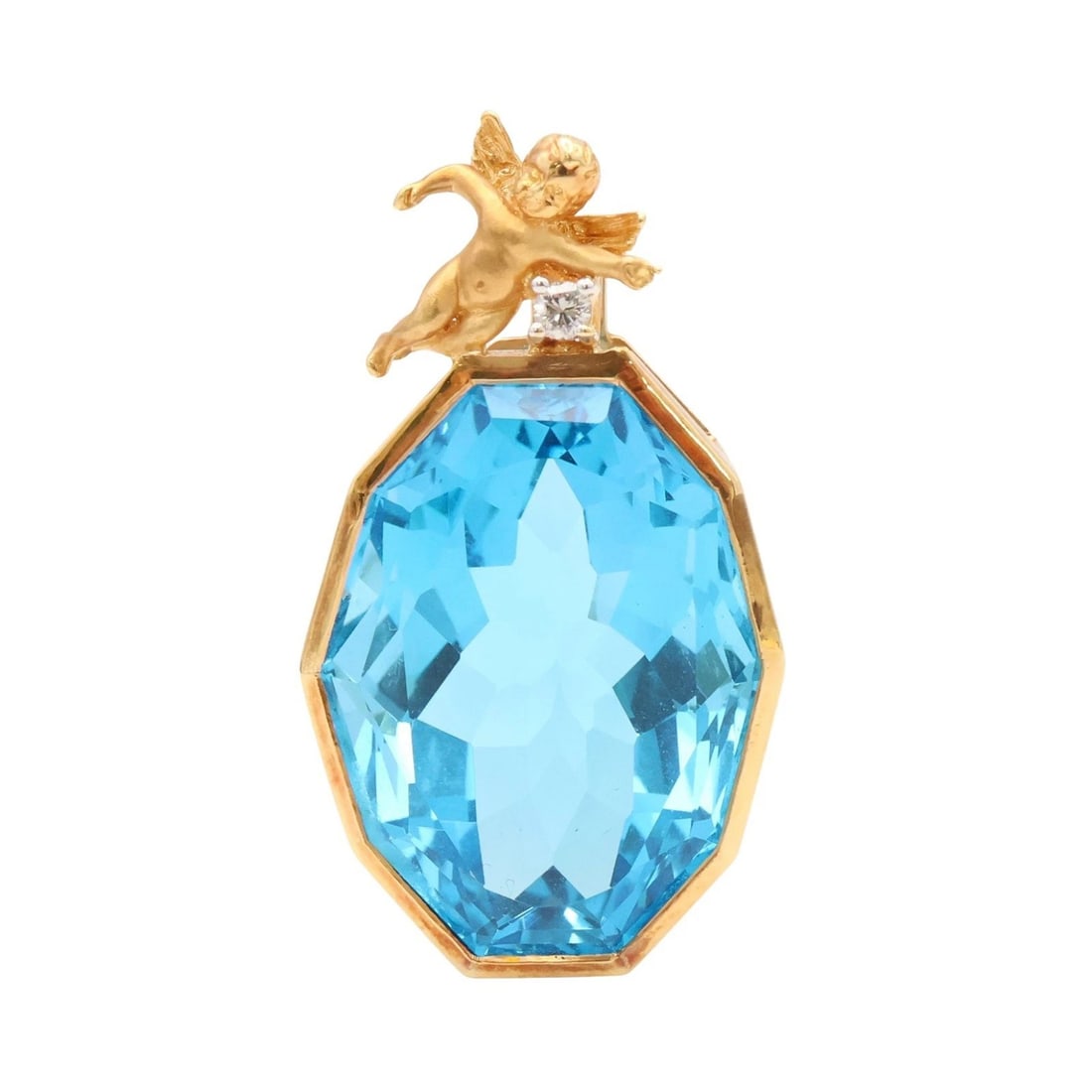 BLUE GEMSTONE PENDANT WITH DIAMOND ACCENT AND CHERUB MOTIF (20TH CENTURY): BLUE GEMSTONE PENDANT WITH DIAMOND ACCENT AND CHERUB MOTIF (20TH CENTURY) Provenance and Authenticity: This charming pendant features a large faceted blue gemstone set within a refined gold mounting, 