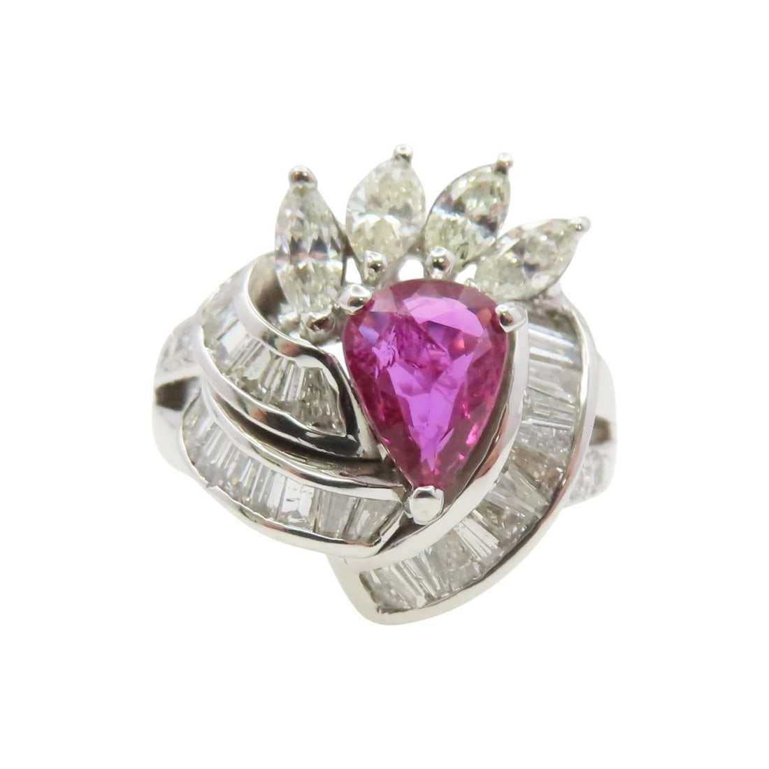 PINK SAPPHIRE AND DIAMOND FLORAL CLUSTER RING WITH PEAR-SHAPED CENTER STONE (20TH CENTURY): PINK SAPPHIRE AND DIAMOND FLORAL CLUSTER RING WITH PEAR-SHAPED CENTER STONE (20TH CENTURY) Provenance and Authenticity: This elegant floral ring features a vivid pink sapphire as its central focal poi