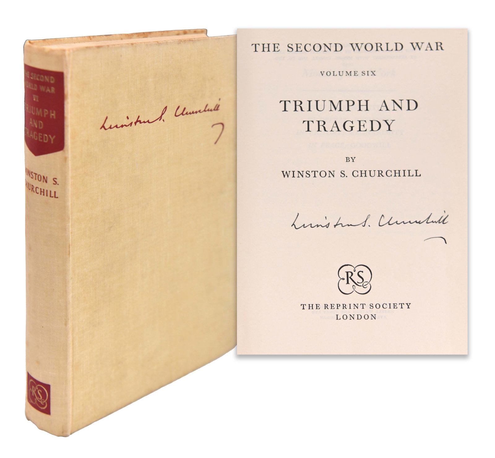 WINSTON S. CHURCHILL, THE SECOND WORLD WAR: VOLUME VI - TRIUMPH AND TRAGEDY: WINSTON S. CHURCHILL, THE SECOND WORLD WAR: VOLUME VI - TRIUMPH AND TRAGEDY Signature: Winston S. Churchill Description: A vintage copy of The Second World War: Volume VI - Triumph and Tragedy by Wins