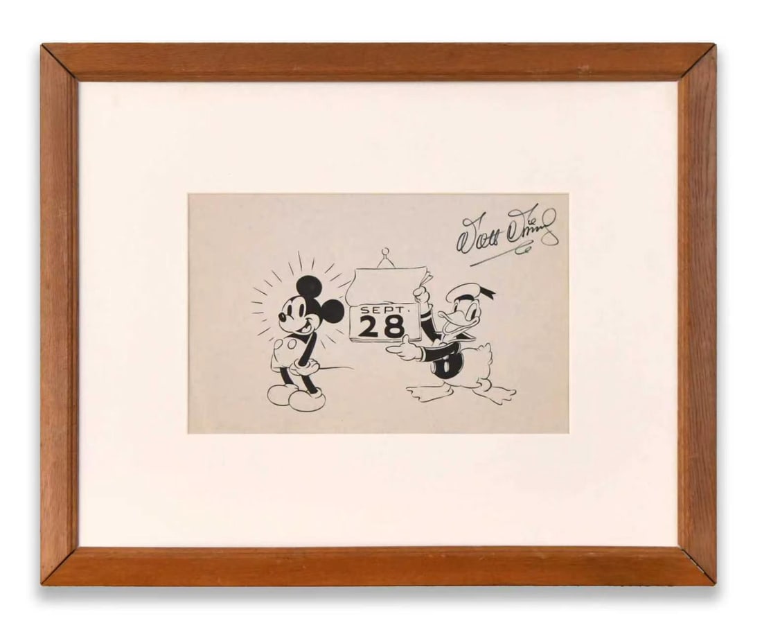 WALT DISNEY (1901-1966), ORIGINAL MICKEY MOUSE AND DONALD DUCK INK DRAWING ON PAPER: WALT DISNEY (1901-1966), ORIGINAL MICKEY MOUSE AND DONALD DUCK INK DRAWING ON PAPER Signature: Walt Disney Description: The composition depicts Mickey Mouse standing beside Donald Duck, who enthusiast