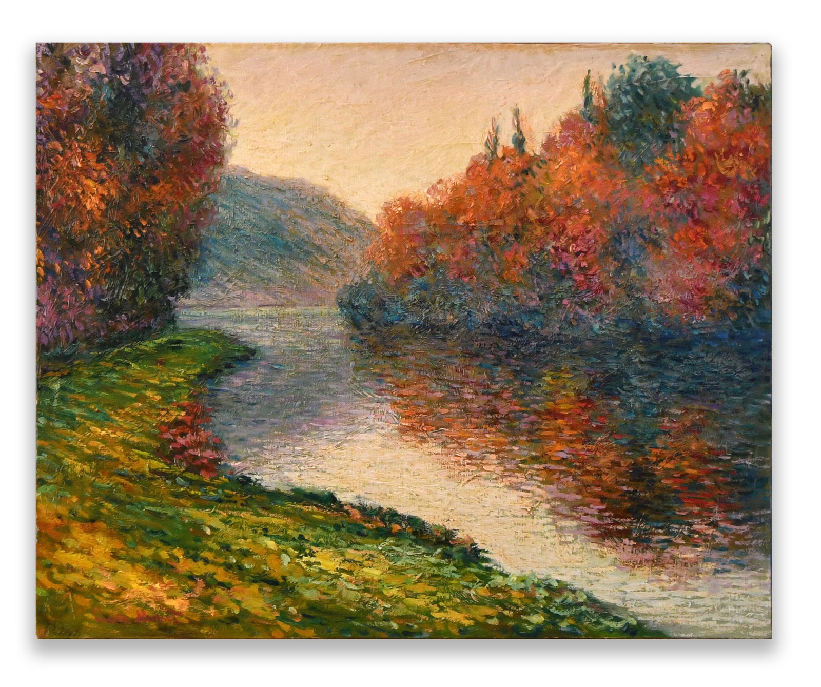 CLAUDE MONET (1840-1926), RIVER LANDSCAPE IN AUTUMN, OIL ON CANVAS: CLAUDE MONET (1840-1926), RIVER LANDSCAPE IN AUTUMN, OIL ON CANVAS Dimensions: Image size: 53 x 65.2 cm. All measured values are approximate. Signature: Claude Monet Description: A luminous river