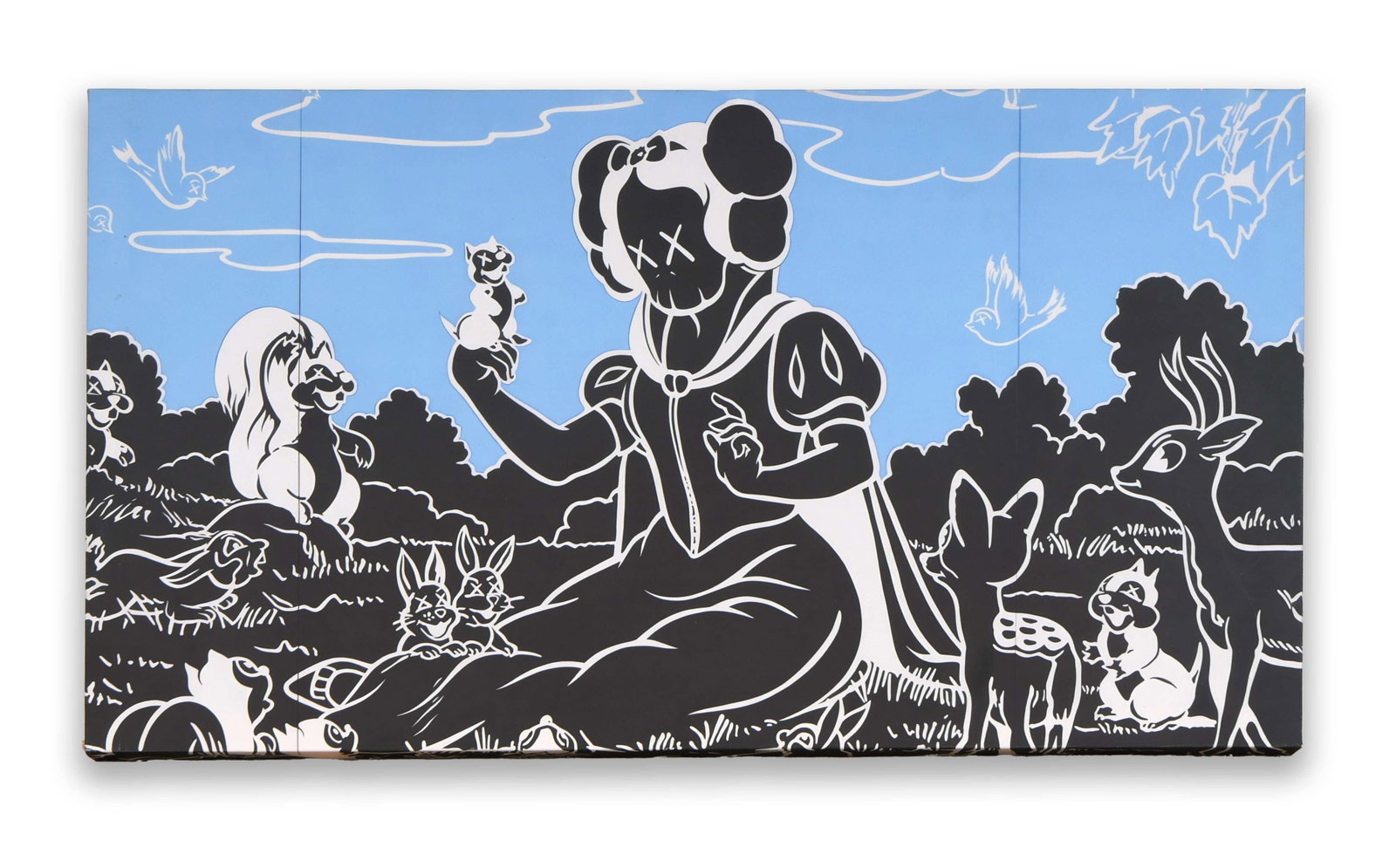 KAWS (BRIAN DONNELLY, B. 1974), KAWS X SNOW WHITE INSPIRED COMPOSITION, DECORATIVE CANVAS PRINT: KAWS (BRIAN DONNELLY, B. 1974), KAWS X SNOW WHITE INSPIRED COMPOSITION, DECORATIVE CANVAS PRINT Dimensions: Outer frame size:40 x 70 cm. All measured values are approximate. Description: This entry