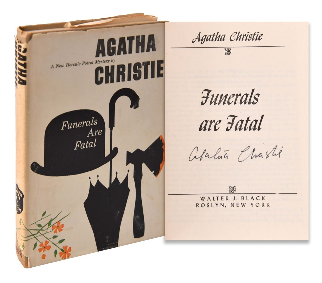 AGATHA CHRISTIE (1890-1976), FUNERALS ARE FATAL BOOK: AGATHA CHRISTIE (1890-1976), FUNERALS ARE FATAL BOOK Signature: Agatha Christie Description: A vintage mystery novel titled Funerals Are Fatal by Agatha Christie, featuring the renowned detective