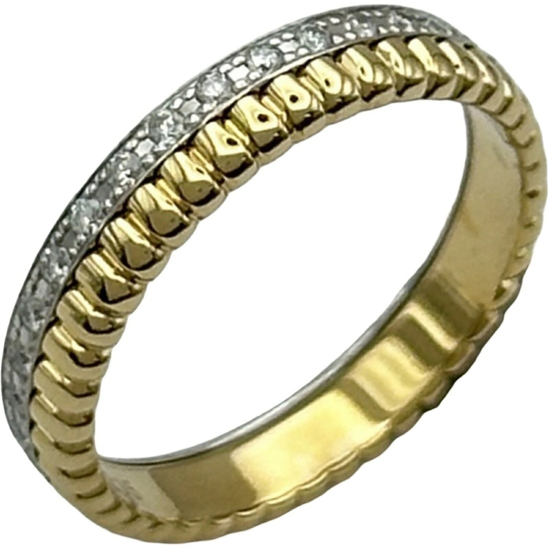 DIAMOND-SET TWO-TONE GOLD CURVED BAND RING WITH PAVÉ ACCENT (20TH-21ST CENTURY): DIAMOND-SET TWO-TONE GOLD CURVED BAND RING WITH PAVÉ ACCENT (20TH-21ST CENTURY) Provenance and Authenticity: This elegant ring presents a refined interpretation of contemporary fine jewelry design,