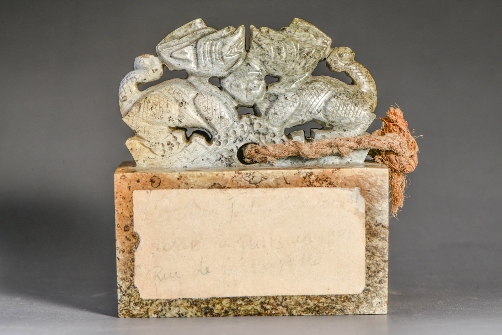 A CELADON JADE 'AUSPICIOUS BEAST' SEAL: A CELADON JADE 'AUSPICIOUS BEAST' SEAL Description: Width:8.3cm, Height:9cm