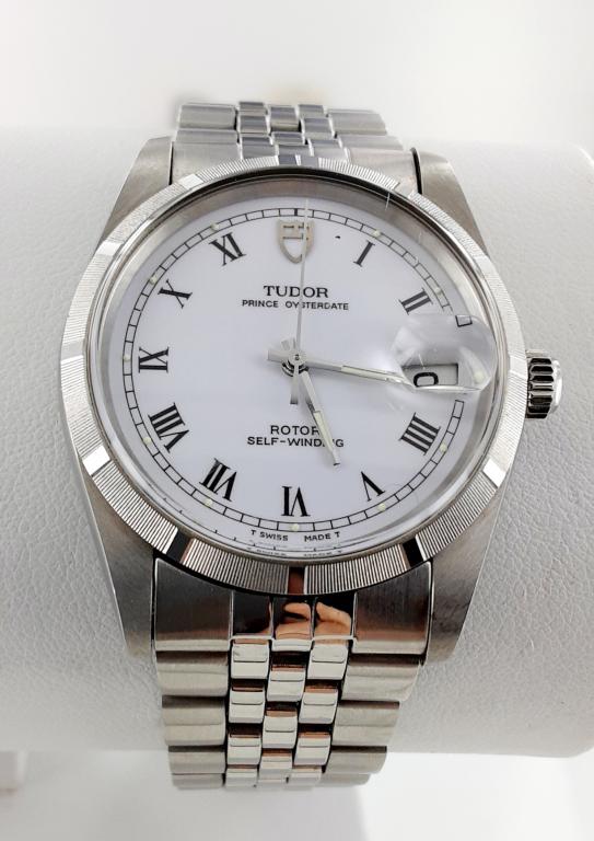 Rolex Tudor Prince Oysterdate Watch, #74000N: 18kt white gold bezel, Swiss made, rotor self winding, oyster case by Rolex Geneva Original, stainless steel, foldover signed Tudor clasp, date and screw down crown.Roman Dial, Fluted bezel, good cond