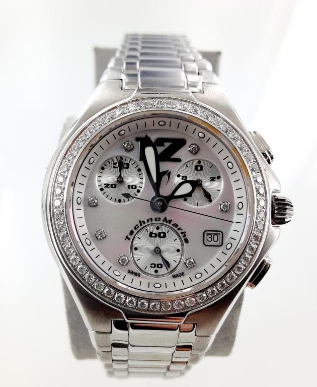 Invicta Registered Design TechnoMarine Watch: White face, chronograph, date, Swiss made, 10 ATM water resistant, neo classic 0807044, deployable clasp and screw down crown