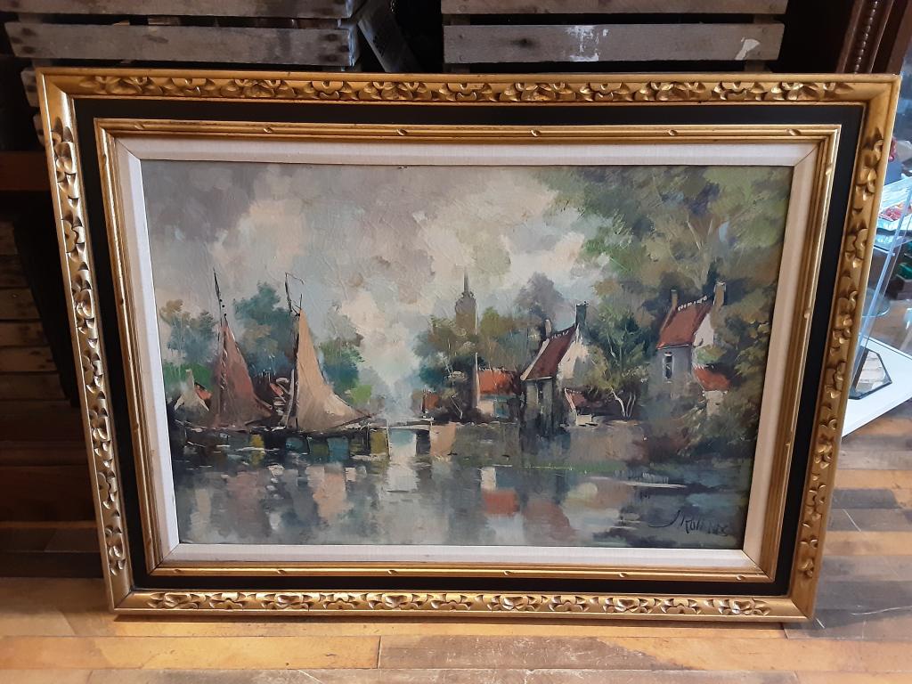 Dutch "Elder" Oil on Canvas by Jan Rolands: Original Signed Oil Painting Dutch "Elder" scenery, with boats in the numerous canals, by Dutch impressionist Jan Rolands. Exhibited at the former Briels Tillburg Art Gallery. Measures 44.5" L x 32.5"