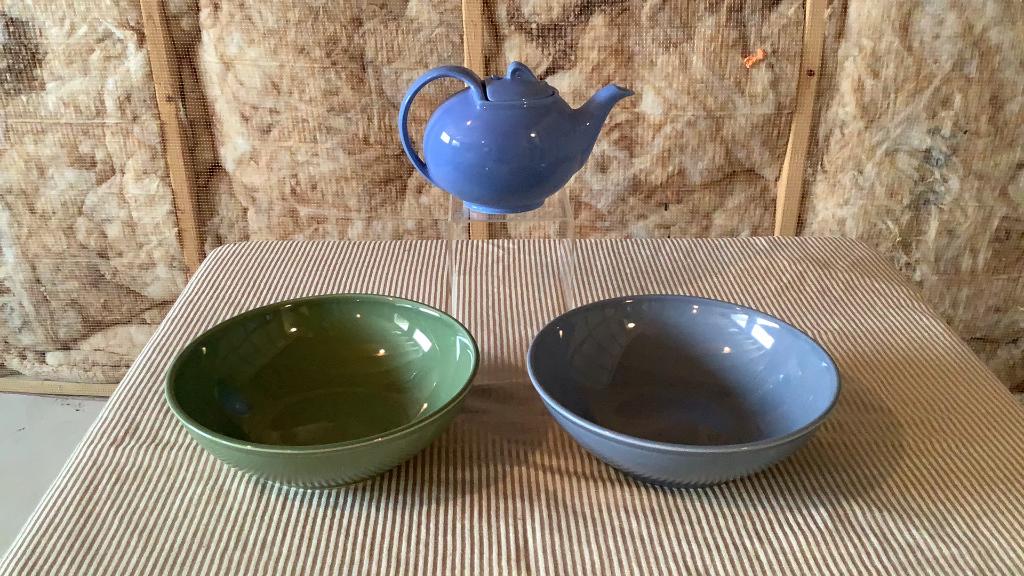 Hall Teapot & Syracuse Bowls: Blue Hall Teapot, Green & Blue Syracuse Serving Bowls.