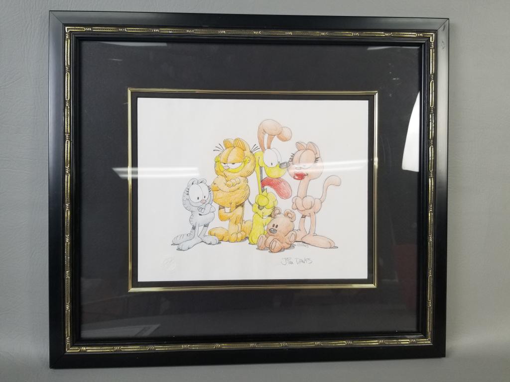 Original Garfield Illustration by Jim Davis: Garfield Colored and Signed Original Drawing with certificate of authenticity by cartoonist and Garfield creator Jim Davis (b. 1945). Measures 20"x18" framed.