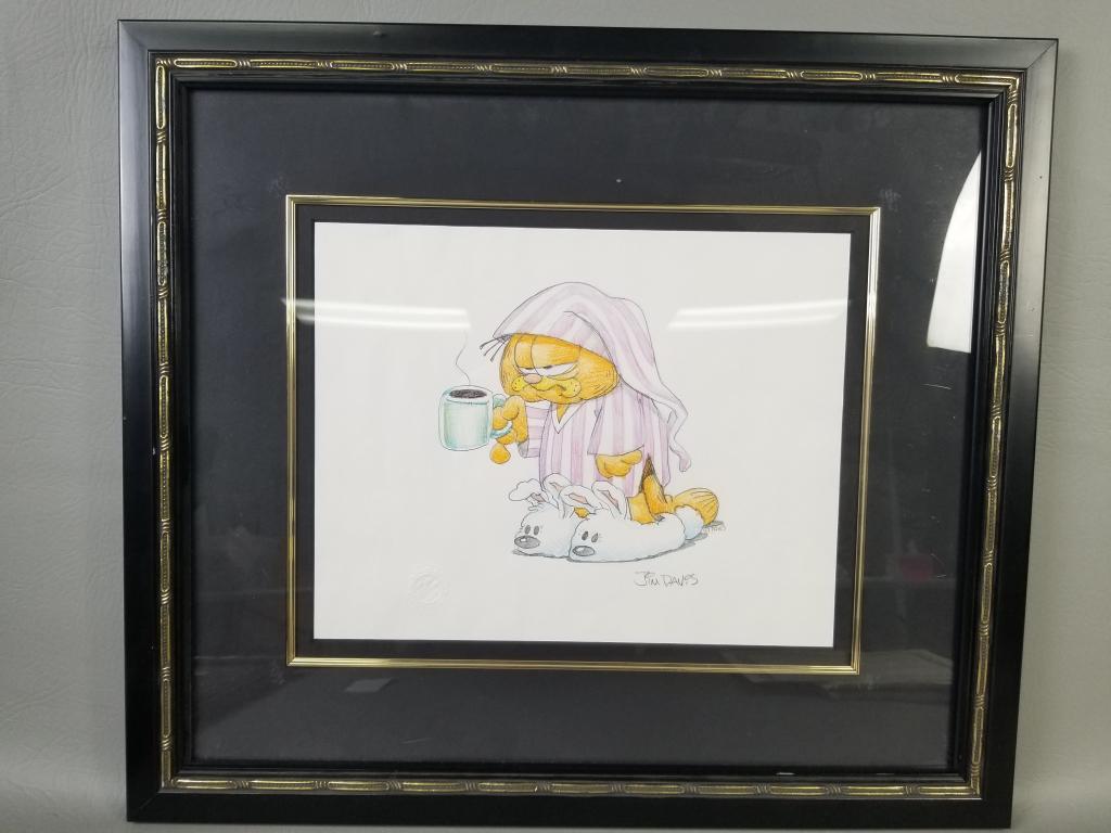 Original Garfield Illustration by Jim Davis: Garfield Colored and Signed Original Drawing, with certificate of authenticity, by cartoonist and Garfield creator Jim Davis (b. 1945). Measures 20"x18" framed.