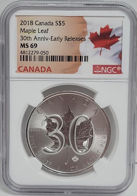 2018 Canada Maple Leaf 30th Anniversary Edition: $5.00 Coin 1oz