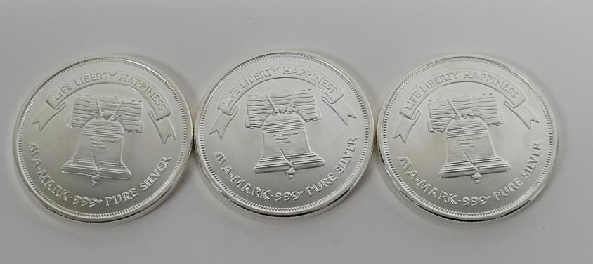 Lot of 3 One Ounce .999 Fine Silver Round No Date (1 of 5)