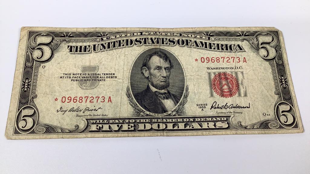 1953 Series A Red Series Five Dollar Bill: Circulated