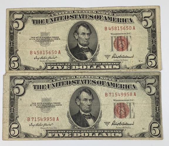 Two 1953 Series A Red Seal Five Dollar Bills: Circulated