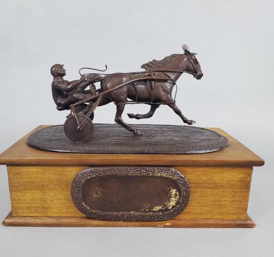 Vintage Harness Racing Bronze Sculpture Trophy This bronze sculpture sits on a wooden box  that (1 of 9)