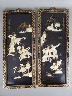 Antique Black Lacquered Wooden Wall Art Set of 2 antique Chinese wall panels made of mother of pearl: Set of 2 antique Chinese wall panels made of mother of pearl landscapes,flowers and music. Signed. 24 1/2" height 9 3/4" width each. Both are in good condition.