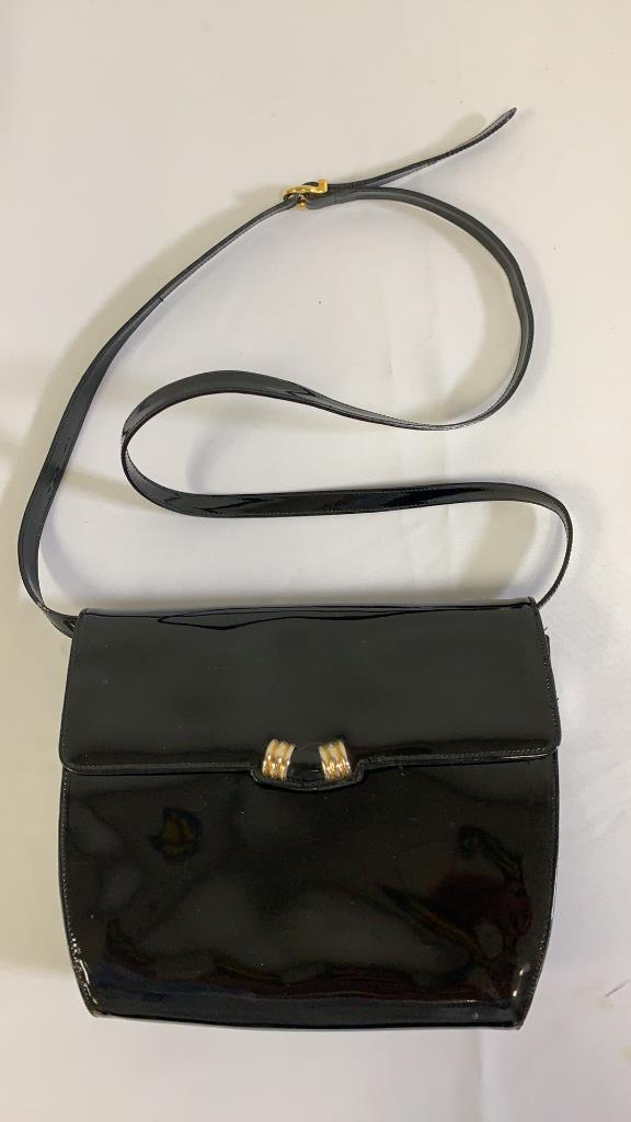 SALVATORE FERRAGAMO Vintage Black Patent Leather Crossbody Purse. Gold Tone Hardware. Adjustable (1 of 12)
