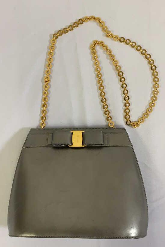 SALVATORE FERRAGAMO Vintage Leather Gold Chain Crossbody . Minimalist Design. Iconic Bow detail and (1 of 10)