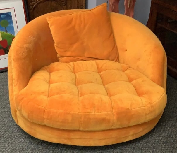 Thayer Coggin Orange Upholstered Swivel Chair Origin: Private estate Material: Upholstery Measures: (1 of 7)