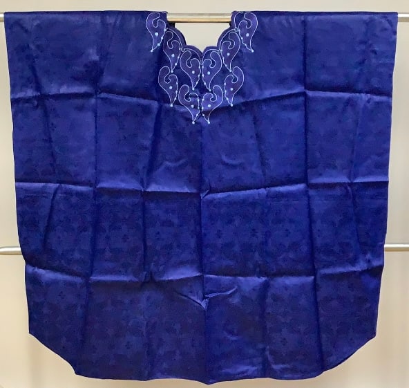 Embroidered Navy Blue African Print Kaftan Origin: Private estate Material: Embroidered Cloth: Origin: Private estate Material: Embroidered Cloth Measures: 50"L, one size fits most Condition: Very good handmade condition