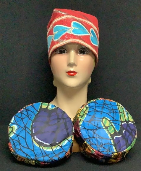 African Print Kufi Caps Origin: Private estates Material: Embroidered cloth, cotton cotton/blend: Origin: Private estates Material: Embroidered cloth, cotton cotton/blend Measures: See pictures Condition: One of the seams in the red hat needs to be resewn others in very good handmade condition A k