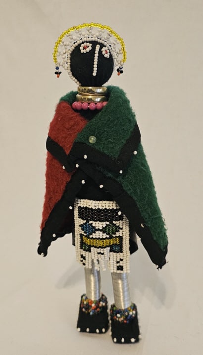 Beaded African Ndebele Doll Green & Red Cape Origin: Private Estate Material: Beaded Measures: 11.5" (1 of 8)