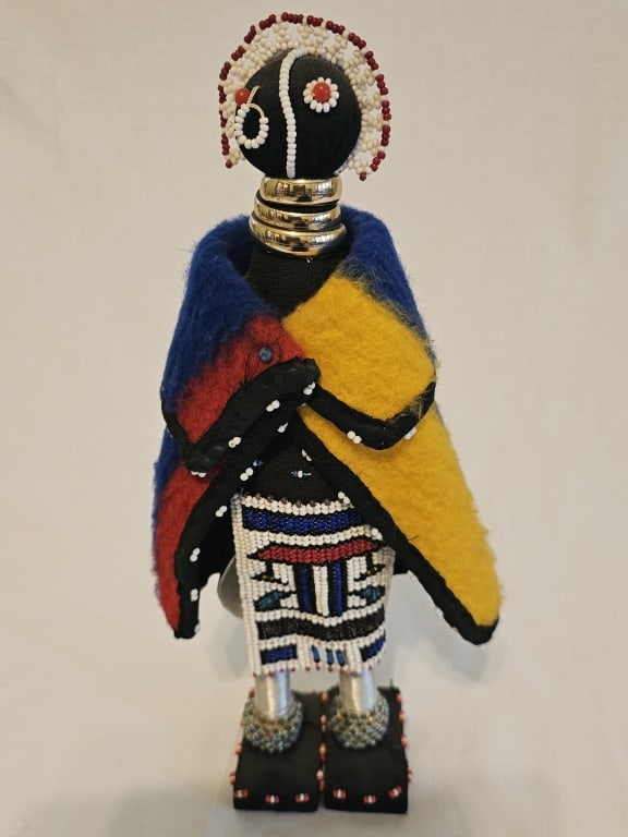 Beaded African Ndebele Doll Blue & Mustard Cape Origin: Private Estate Material: Beaded Measures: (1 of 8)