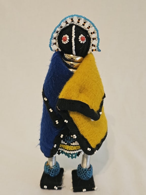 Beaded African Ndebele Doll Blue & Mustard Cape Origin: Private Estate Material: Beaded Measures: (1 of 7)