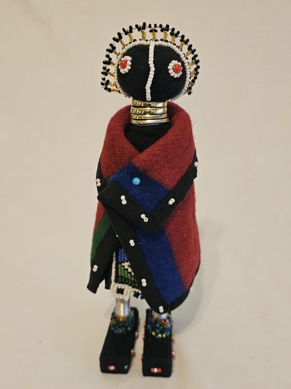 Beaded African Ndebele Doll Blue & Red Cape Origin: Private Estate Material: Beaded Measures: 11" (1 of 8)