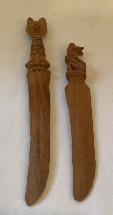 Carved African Wooden Letter Openers Origin: Private estate Material: Wood Measures: 9" and 7" tall: Origin: Private estate Material: Wood Measures: 9" and 7" tall Condition: Very good vintage condition.