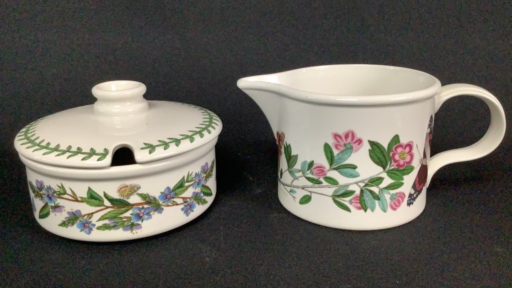 Portmeirion Botanic Garden Speedwell Rhododendron PROVENANCE: Private: PROVENANCE: Private estate TYPE: Covered dish & pitcher MATERIAL: Ceramic DIMENSIONS: Dish, 4"wide, pitcher 3.5"tall CONDITION: Very good vintage condition