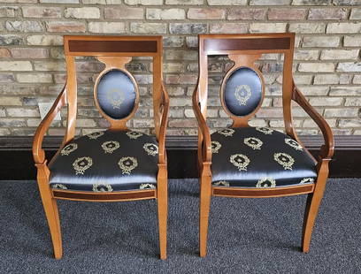 Pair of Kindel Furniture Regency Style Arm Chairs PROVENANCE: Private: PROVENANCE: Private estate MATERIAL: Wood & Custom Upholstery MAKER: Kindel Furniture Company Grand Rapids Michigan DIMENSIONS: 38" tall, 22" wide and 20" deep CONDITION: Very Good