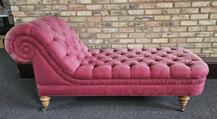 Kindel Furniture Grand Rapids Tufted Chaise PROVENANCE: Private: PROVENANCE: Private estate MATERIAL: Custom Upholstery MAKER: Kindel Furniture DIMENSIONS: 35" tall, 77" long and 30" wide CONDITION: Fading. See Photos.