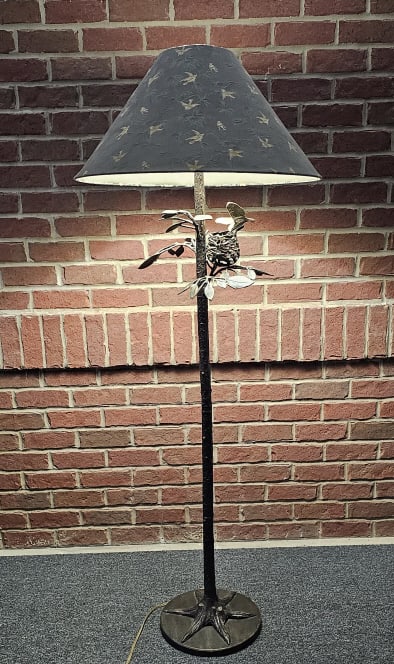 Frederick Cooper Floor Lamp with Nest & Bird PROVENANCE: Private: PROVENANCE: Private estate MATERIAL: Metal Base MAKER: Frederick Cooper DIMENSIONS: 68" tall and 13" base CONDITION: Very Good