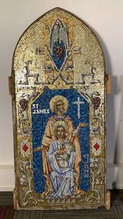 Vintage Mosaic of St. James & St. John & Frame PROVENANCE: Plymouth Congregational Church Lansing,: PROVENANCE: Plymouth Congregational Church Lansing, MI MATERIAL: Concrete, mosaic tiles & wood DIMENSIONS: 68"tall x 33"wide x 2.5"deep, frame is 75"tall x 36"wide x 5"deep CONDITION: Good
