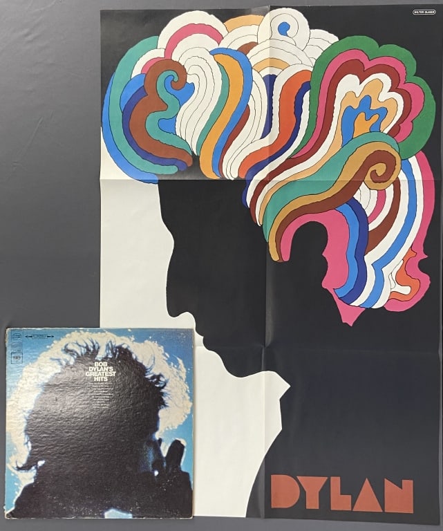 Milton Glaser Dylan Poster & Greatest Hits LP Bob Dylan's Greatest Hits, Columbia Records KCL 2663.: Bob Dylan's Greatest Hits, Columbia Records KCL 2663. Includes Milton Glaser poster in near mint condition, no fading, yellowing, or pinholes. Creases and small tear at the top. Poster is 32 3/4 X 21