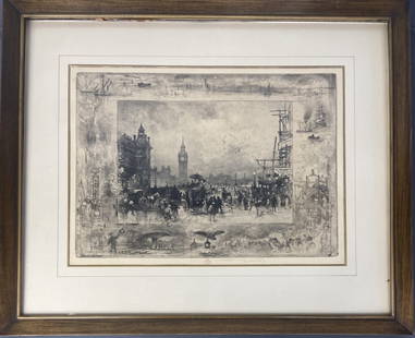 Westminster Bridge by Felix Hilaire Buhot 1884 Etching of Westminster Bridge by Felix Hilaire Buhot: Etching of Westminster Bridge by Felix Hilaire Buhot (1847-1898). Signed on the bottom with the FB Owl stamp, Felix Buhot's