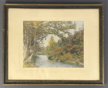 Wallace Nutting Signed An Autumn Canopy Hand tinted photograph by Wallace Nutting, signed in pencil: Hand tinted photograph by Wallace Nutting, signed in pencil and titled An Autumn Canopy. Some light staining of matte paper, some wear to frame. Artwork is 13 X 10 inches in size, frame is 21 1/4 X