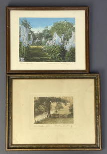 Blue Spires & Meadow Gate by Wallace Nutting Two signed hand tinted photographs by Wallace Nutting.: Two signed hand tinted photographs by Wallace Nutting. Both are signed in pencil, one is titled Blue Spires, the other is The Meadow Gate. Blue Spires is 9 1/2 X 7 1/2, frame is 14 X 11 1/2 inches in