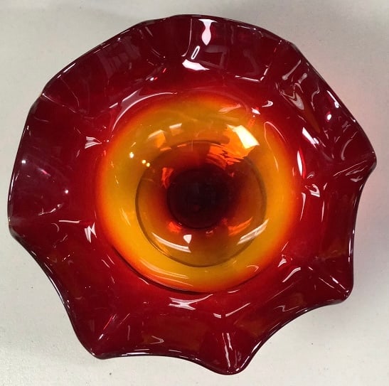 Amberina Hand Blown Ruffled Edge Glass Dish Bowl Measures:15"x (1 of 11)