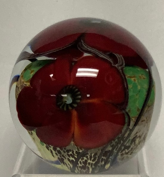 Signed Rick Satava Red Flower Paperweight Measures: (1 of 9)